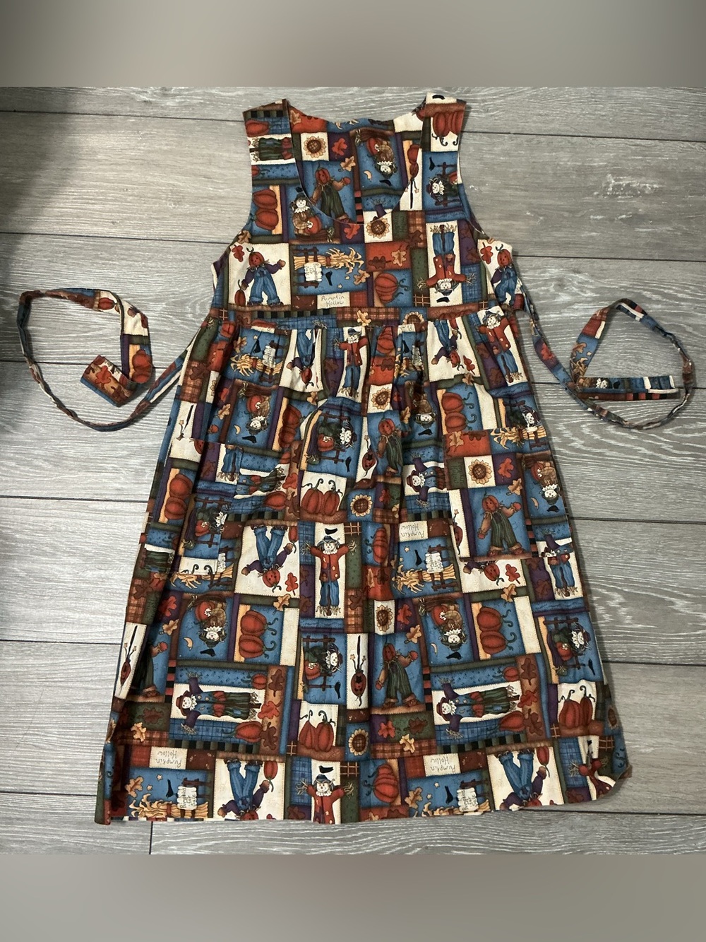 🎃Handmade Autumn Folk Art Scarecrow Jackolantern Harvest Pinafore Dress aprox S